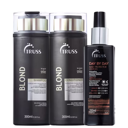 A imagem mostra três produtos da marca Truss. Os dois primeiros são um shampoo e um condicionador da linha "Blond", ambos com 300ml. O terceiro é um leave-in chamado "Day by Day Daily Protector", com 250ml.