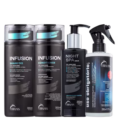 A imagem mostra uma linha de produtos para tratamento capilar da marca Truss, incluindo:

1. Shampoo Infusion 
2. Condicionador Infusion
3. Sérum Night Spa 
4. Reconstrutor Capilar "Uso Obrigatório"