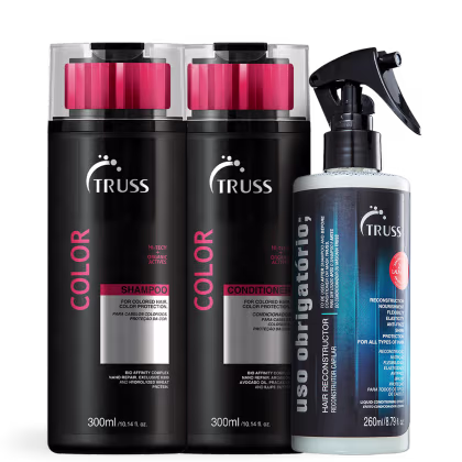 A imagem mostra três produtos de cabelo da marca Truss. São dois frascos de shampoo e condicionador Color.

Também há um frasco spray azul de 260ml, que é um produto de reconstrução e nutrição chamado "Uso Obrigatório".