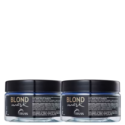 A imagem mostra dois potes de uma máscara condicionadora para cabelos loiros, brancos ou descoloridos chamada "Blond Mask" da marca Truss.