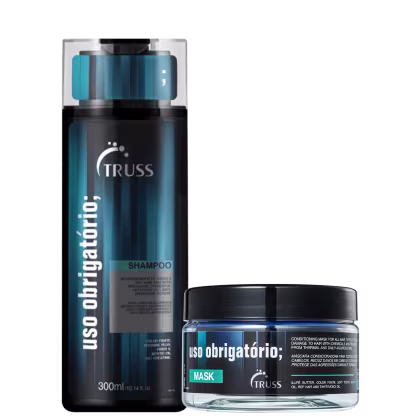A imagem mostra dois produtos para cabelos da marca Truss. Sendo eles:
1- Shampoo Uso Obrigatório
2- Máscara Capilar Uso Obrigatório