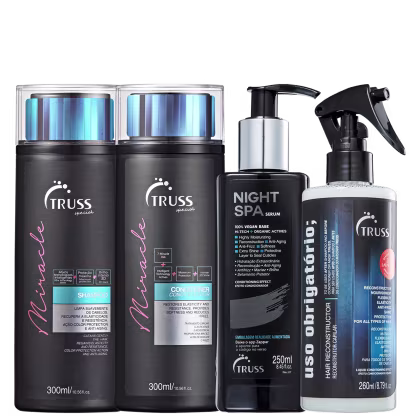 A imagem mostra uma variedade de produtos de cuidados capilares da marca Truss, como:
1- Shampoo e Condicionador da linha "Miracle"
2- Sérum Noturno Capilar, Night Spa
3- Reconstrutor Capilar, "Uso Obrigatório"