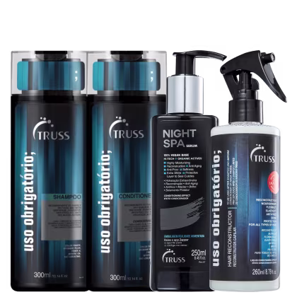 A imagem mostra uma variedade de produtos de cuidados capilares da marca Truss, sendo eles:
1- Shampoo "Uso Obrigatório"
2- Condicionador "Uso Obrigatório"
3- Reconstrutor Capilar "Uso Obrigatório"
4- Tratamento Capilar Noturno, "Night Spa"