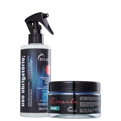 A imagem mostra dois produtos da marca Truss para tratamento capilar. O primeiro é um reconstrutor, chamado "Uso Obrigatório". O outro produto é uma máscara de tratamento chamada "Miracle".