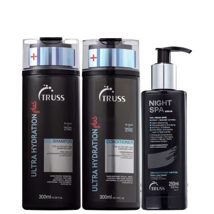 A imagem mostra três produtos da marca Truss. Os dois primeiros são um shampoo e um condicionador da linha Ultra Hydration Plus. O terceiro é um sérum noturno chamado Night Spa.