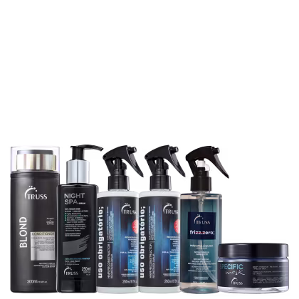 Imagem com os seguintes produtos da marca Truss: Condicionador Blond, Tratamento Noturno Night Spa, Leave-ins Uso Obrigatório, Leave-in Frizz Zero e Máscara Capilar Specific.