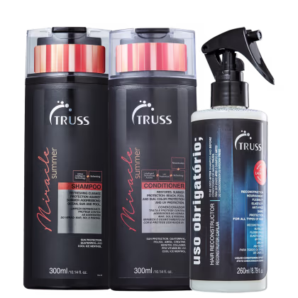 A imagem mostra produtos da marca Truss: shampoo e condicionador Summer para cabelos coloridos e spray Uso Obrigatório. As embalagens modernas são escuras com detalhes em laranja.