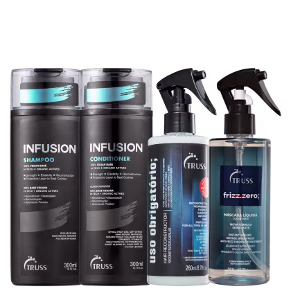 A imagem mostra quatro produtos capilares da Truss: shampoo e condicionador "Infusion", um reconstrutor capilar "Uso Obrigatório" e o tratamento condicionante "Frizz Zero". As embalagens são pretas, com design moderno.