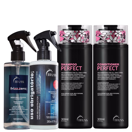 A imagem mostra uma linha de produtos da marca Truss. São eles:
- Shampoo Perfect
- Condicionador Perfect
- Máscara Líquida Frizz.Zero
- Reconstrutor Capilar "Uso Obrigatório"
