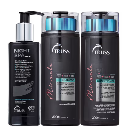 A imagem mostra uma linha de produtos da marca Truss. São eles:
1. Shampoo Miracle
2. Condicionador Miracle
3. Sérum Capilar Night Spa