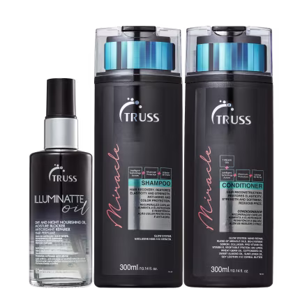 A imagem mostra uma linha de produtos da marca Truss. São eles:
1. Shampoo Miracle
2. Condicionador Miracle
3. Óleo Capilar Illuminatte Oil