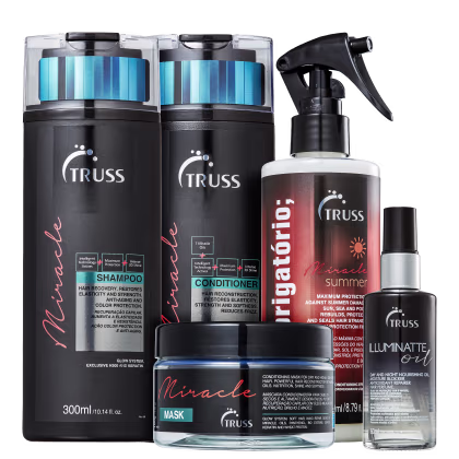 A imagem mostra produtos da marca Truss. Os produtos apresentados são:

1. Shampoo Miracle 
2. Condicionador Miracle
3. Máscara Capilar Miracle
4. Uso Obrigatório Summer
5. Óleo Capilar Illuminatte Oil