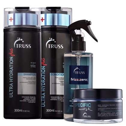 A imagem mostra produtos para cabelos da marca Truss, sendo: 
- Shampoo Ultra Hydration Plus
- Condicionador Ultra Hydration Plus
- Máscara Líquida Frizz Zero
- Máscara Capilar Specific Mask