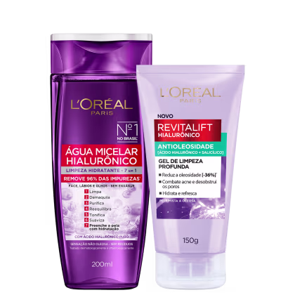 A imagem mostra dois produtos da L'Oréal Paris: uma água micelar hialurônica 7 em 1, que limpa e hidrata sem enxágue, e um gel de limpeza Revitalift Hialurônico Antioleosidade, que reduz oleosidade, combate acne e hidrata a pele mista a oleosa.