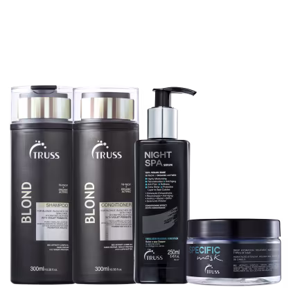A imagem mostra uma linha de produtos Truss. Inclui um shampoo e um condicionador específicos para cabelos loiros. Também há um sérum noturno com ativos hidratantes e uma máscara de tratamento profundo para hidratação intensiva dos cabelos.