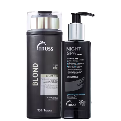 A imagem mostra dois produtos de cuidados capilares da marca Truss. À esquerda, está um shampoo para cabelos loiros, descoloridos ou grisalhos de 300ml. À direita, há um sérum noturno vegano chamado "Night Spa Serum" de 250ml.
