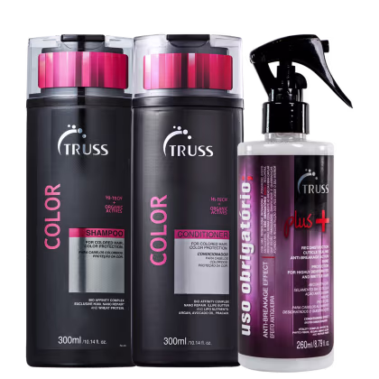 Na imagem um shampoo para cabelos coloridos da linha Color, que promete proteger a cor. Um condicionador da mesma linha. E um leave-in da linha Plus+, para reconstrução capilar, ação anti-quebra e brilho para cabelos muito danificados e opacos.