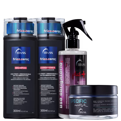 A imagem mostra quatro produtos Truss, voltados para cabelos com frizz.1. Shampoo "frizz.zero".
2. Condicionador "frizz.zero". 3. Um spray leave-in  reconstrutor. 4. Uma máscara de tratamento para hidratação profunda.