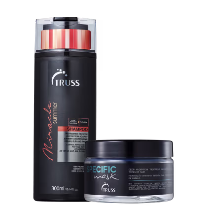 Na imagem um frasco de shampoo da Linha Miracle Summer de 300ml. Ao lado uma máscara capilar Specific de 180g. Ambos estão em embalagens pretas.