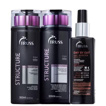 A imagem mostra três produtos de tratamento capilar da marca Truss. São dois frascos grandes pretos contendo shampoo e condicionado. Há também uma embalagem menor de um leave-in protetor diário chamado "Day by Day".
