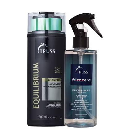 A imagem mostra produtos da Truss: São um shampoo Equilibrium e um tratamento "Frizz Zero".