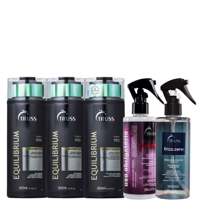 A imagem mostra produtos da Truss: São dois shampoos e um condicionador Equilibrium, um tratamento "Frizz Zero" e a o reconstrutor "Uso Obrigatório Plus".
