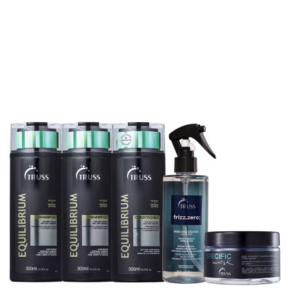 A imagem mostra produtos da Truss: São dois shampoos e um condicionador Equilibrium, um tratamento "Frizz Zero" e a máscara "Specific Mask".
