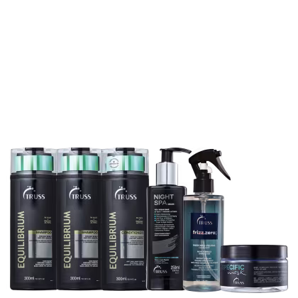 A imagem mostra produtos da Truss: São dois shampoos e um condicionador Equilibrium, um sérum "Night SPA", um tratamento "Frizz Zero" e a máscara "Specific Mask".