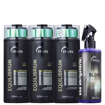 A imagem mostra produtos da Truss: São dois shampoos e um condicionador Equilibrium e um reconstrutor "Uso Obrigatório Blond".