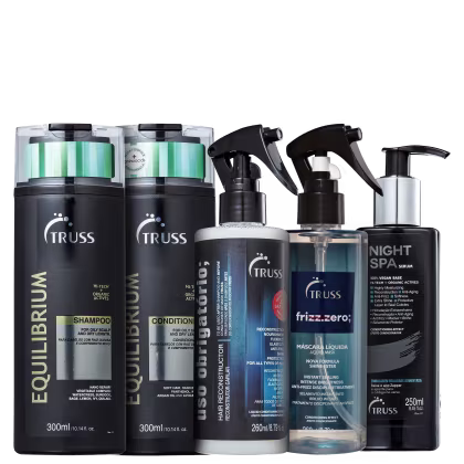A imagem mostra produtos da Truss: São um shampoo e um condicionador Equilibrium, um tratamento "Frizz Zero", um  reconstrutor "Uso Obrigatório" e um sérum de tratamento "Night SPA".