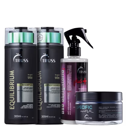 A imagem mostra produtos da Truss: São dois shampoos e um condicionador Equilibrium, uma máscara "Specific" e um reconstrutor "Uso Obrigatório Plus".