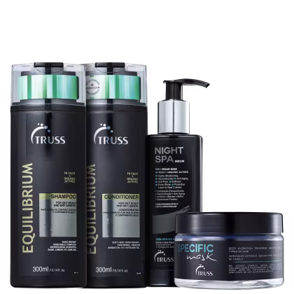 A imagem mostra produtos da Truss: São um shampoo e um condicionador Equilibrium, um sérum de tratamento "Night SPA" e uma máscara "Specific".
