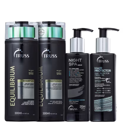 A imagem mostra produtos da Truss: São dois shampoos e um condicionador Equilibrium, um sérum de tratamento "Night SPA" e um protetor térmico "Hair Protector".