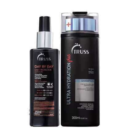 A imagem mostra uma linha de produtos para cabelos da marca Truss. São eles:
- Shampoo Ultra Hydration Plus
- Leave-in Day By Day