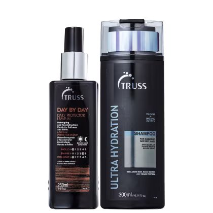 A imagem mostra uma linha de produtos para cabelos da marca Truss. São eles:
- Shampoo Ultra Hydration 
- Leave-in Day By Day