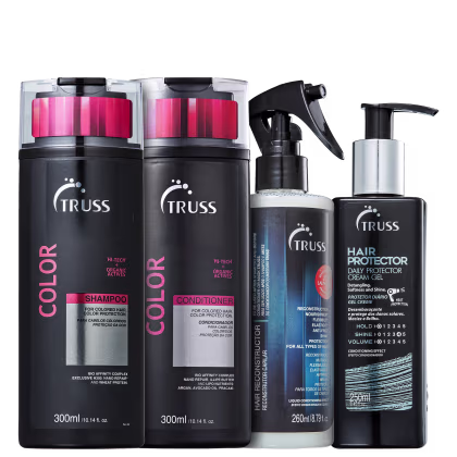 A imagem mostra uma linha de produtos para cabelos da marca Truss. São eles:
- Shampoo Color
- Condicionador Color
- Reconstrutor Capilar Uso Obrigatório
- Leave-in Hair Protector