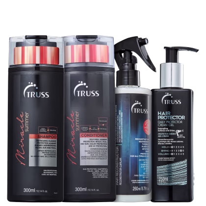 A imagem mostra uma linha de produtos para cabelos da marca Truss. São eles:
- Shampoo Miracle Summer
- Condicionador Miracle Summer
- Reconstrutor Capilar Uso Obrigatório
- Leave-in Hair Protector