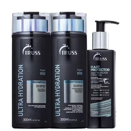 A imagem mostra Shampoo e Condicionador Ultra Hydration 300ml e o leave-in Hair Protector 250ml, da marca TRUSS. Os frascos são pretos com detalhes em azul e prata.