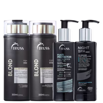 A imagem mostra o shampoo e condicionador TRUSS Blond de 300ml cada, em embalagens pretas com detalhes em dourado. Também o leave-in Hair Protector de 250ml e o sérum noturno Night Spa de 250ml em frascos pretos com bombas dosadoras.