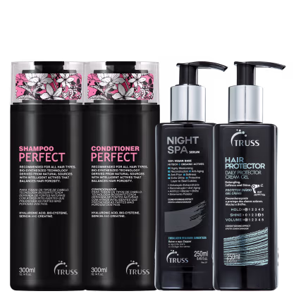 A imagem mostra quatro produtos da marca TRUSS: shampoo e condicionador Perfect, sérum noturno Night Spa e leave-in Hair Protector. Todos os produtos possuem embalagem preta.