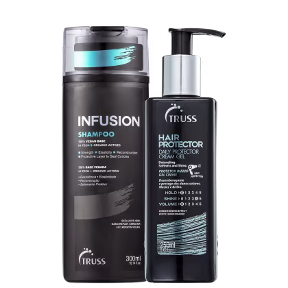 A imagem mostra dois produtos da marca TRUSS: shampoo Infusion em uma embalagem preta de 300ml. O frasco é retangular com detalhes em cinza e azul turquesa. O outro produto é o leave-in Hair Protector em uma embalagem preta de 250ml.