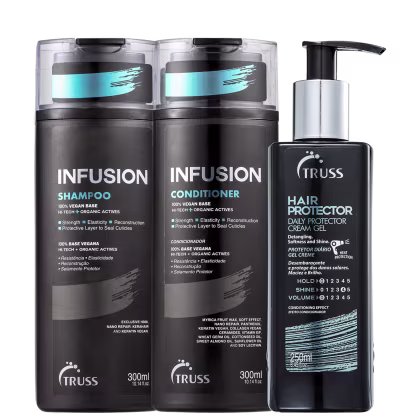 A imagem mostra shampoo e condicionador TRUSS Infusion de 300ml cada. Traz ainda o leave-in Hair Protector Daily Protector de 250ml. As embalagens possuem cor predominantemente preta com tons de cinza, prata e azul.