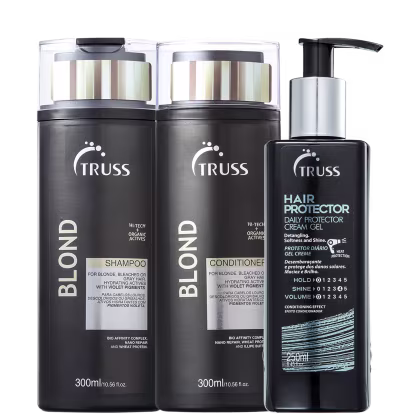 A imagem mostra o shampoo e condicionador TRUSS Blond de 300ml cada, em embalagens pretas com detalhes em dourado. Também o leave-in Hair Protector de 250ml na cor preta com detalhes em azul.