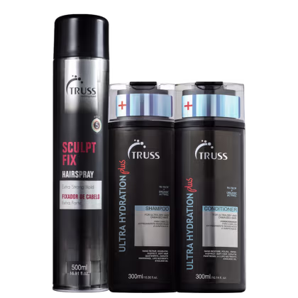 A imagem mostra produtos para cabelos da marca Truss lado a lado. Os produtos apresentados são: Sculpt Fix Hairspray em lata preta de 500ml que promete fixação extra forte. Shampoo e Condicionador Ultra Hydration Plus, ambos em embalagem preta de 300ml.