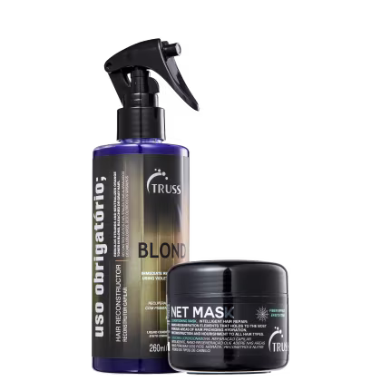 A imagem mostra o Uso Obrigatório Blond em uma embalagem spray 260ml com tampa preta e rótulo dourado com letras brancas. Ao lado temos a máscara Net Mask de 30g com embalagem e rótulo preto com letras brancas e detalhes azuis.