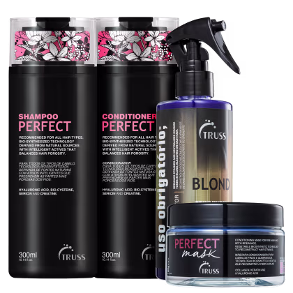 A imagem mostra 4 produtos TRUSS lado a lado. Temos o shampoo, condicionador e a máscara Perfect, com embalagem preta e letas em rosa e branco; e o Uso Obrigatório Blond em uma embalagem spray com tampa preta e rótulo dourado com letras brancas.
