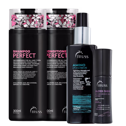 A imagem mostra 4 produtos TRUSS lado a lado. Temos shampoo e condicionador Perfect, com embalagem preta e letras em rosa e branco; Amino de embalagem spray preta com detalhes azuis; e Gloss Shine de frasco preto com letras lilás.