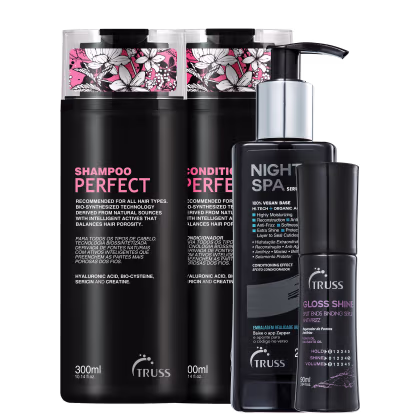 A imagem mostra 4 produtos TRUSS lado a lado. Temos o shampoo e condicionador Perfect, com embalagem preta e letras em rosa e branco; e Night Spa de embalagem pump preta com letras brancas e detalhes azuis, e Gloss Shine de frasco preto com letras lilás.