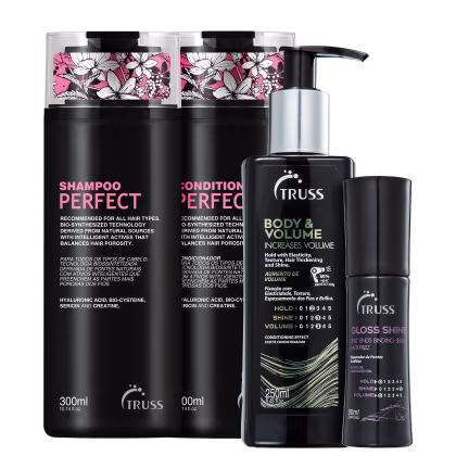 A imagem mostra 4 produtos TRUSS lado a lado. Temos o shampoo e condicionador Perfect, com embalagem preta e letras em rosa e branco; e Body & Volume de embalagem pump com letras brancas e douradas, e Gloss Shine de frasco preto com letras lilás.