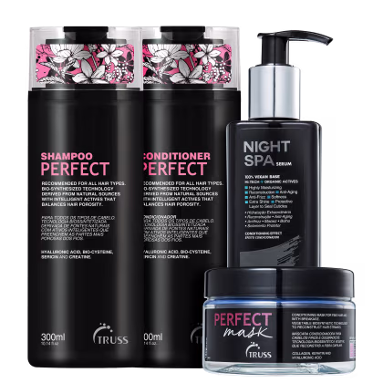 A imagem mostra 4 produtos TRUSS lado a lado. Temos o shampoo, condicionador e máscara Perfect, com embalagem preta e letras em rosa e branco e o Night Spa, em embalagem preta de pum com letras brancas e detalhes azuis no rótulo.